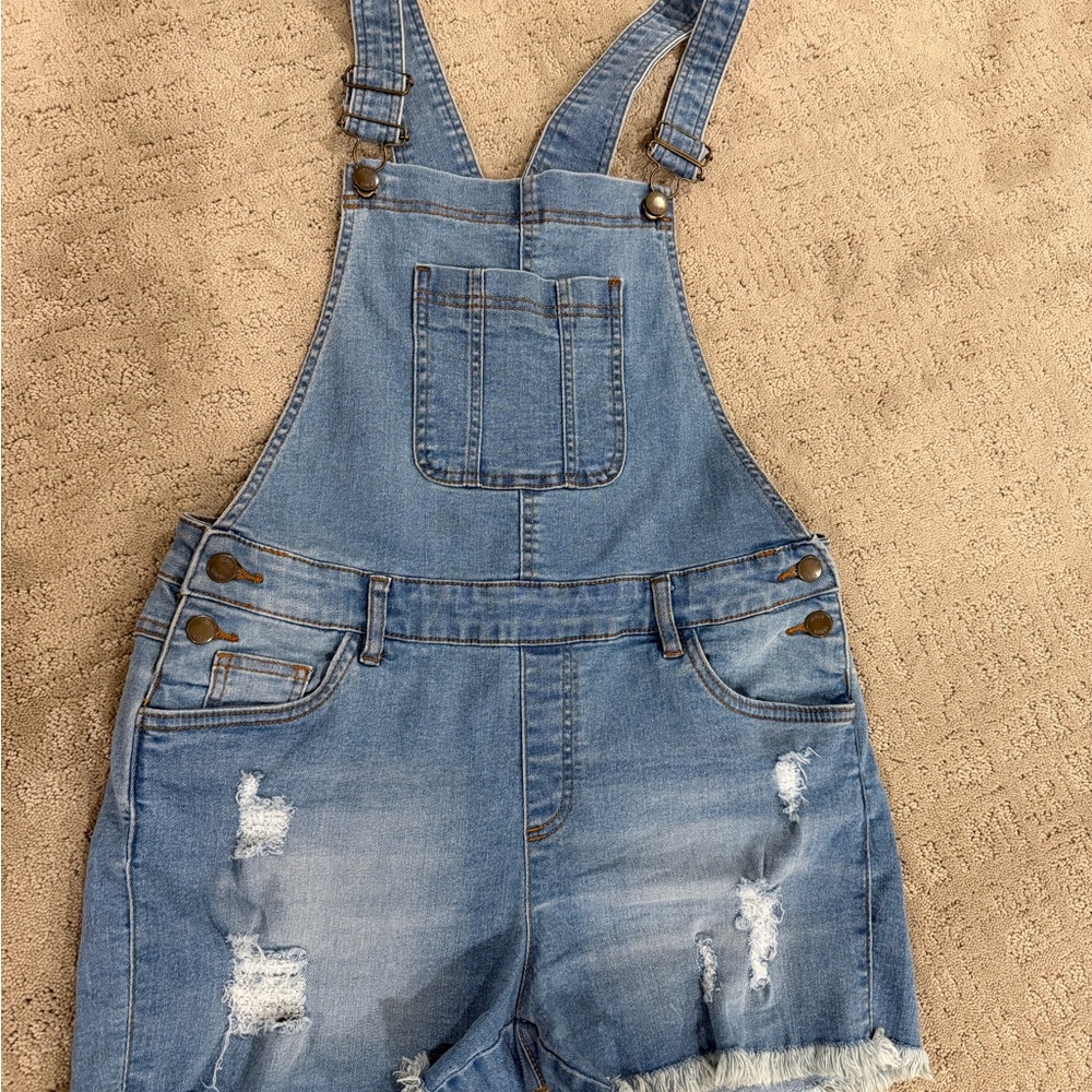 Denim Short Overalls - Light Blue Distressed